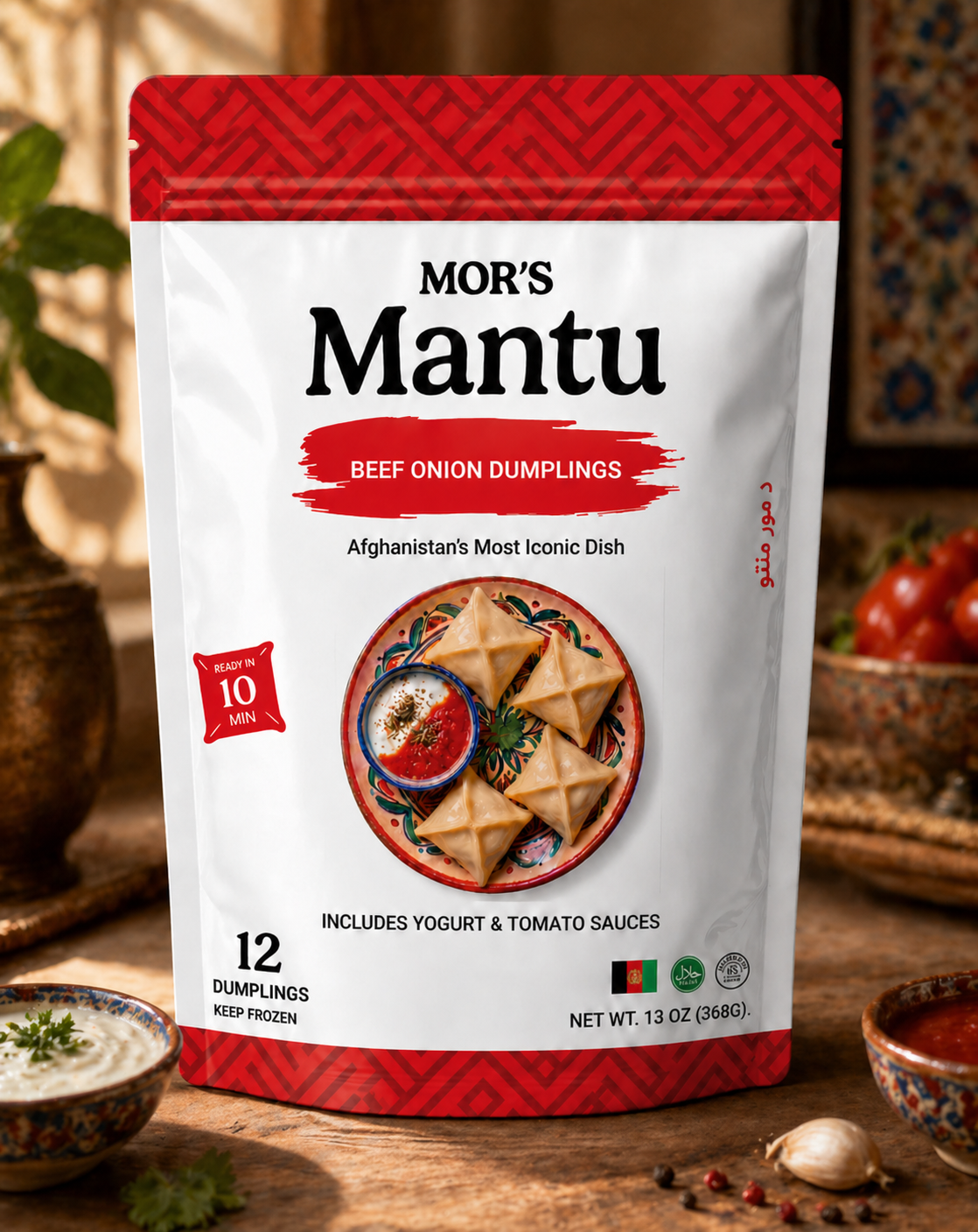 Mor's Mantu Beef Onion Dumplings packaging